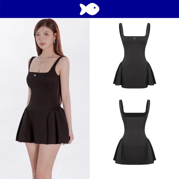 Đầm hai dây đen cổ vuông xoè bồng DKMV thiết kế đính logo cá inox đáng yêu thun 2 da co giãn Caroline Dress | K-D42-D