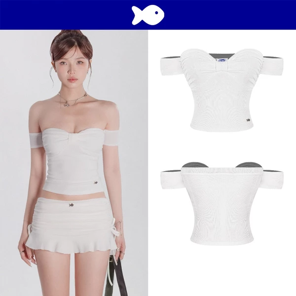 Áo trễ vai trắng tay ngắn cúp ngực DKMV hoạ tiết nơ phối logo con cá inox đáng yêu Bitna Croptop kiểu | K-T43-T