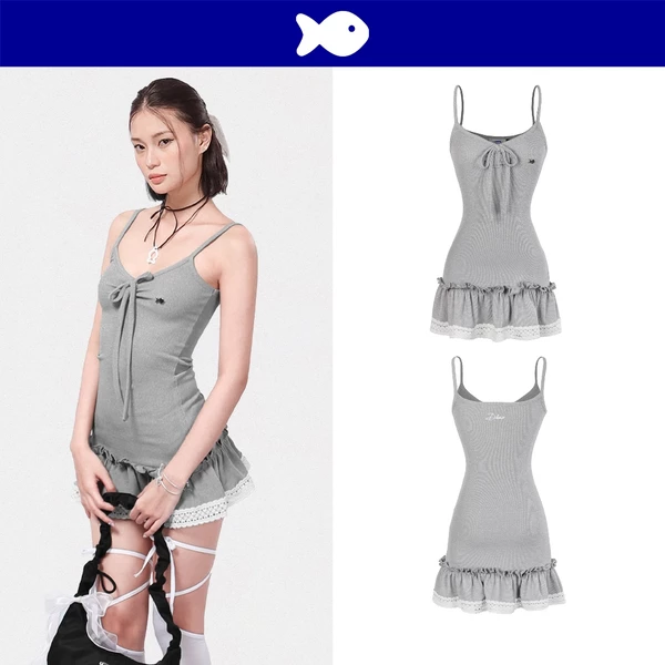 Váy 2 dây ngắn ôm dáng phối ren DKMV dáng chân váy đuôi cá xòe nhẹ dây rút trắng thắt nơ xinh màu xám Yare Dress| K-D1