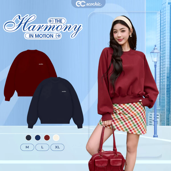 Áo Sweater Nỉ Lót Nhung ECOCHIC B214 Form Rộng Cổ Tròn Logo Ngực Chất Liệu Cao Cấp Chính Hãng HNH
