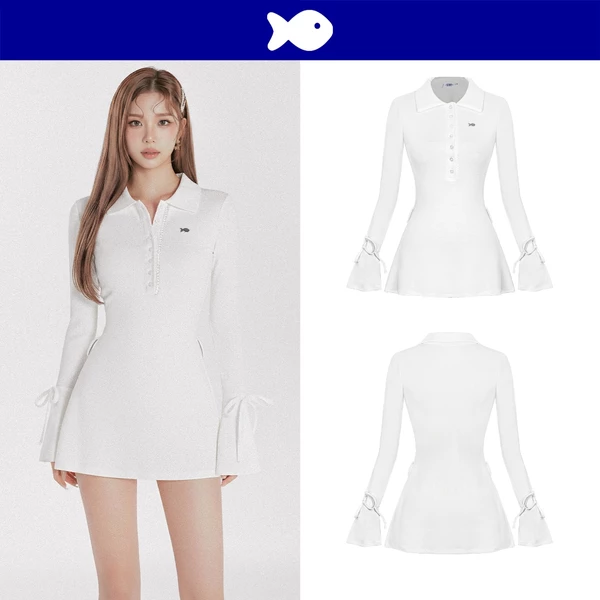 Váy xinh nhẹ nhàng dáng xòe DKMV tay dài loe thắt nơ cổ polo cài nút phối viền ren màu trắng Jina Dress | K-D39-T