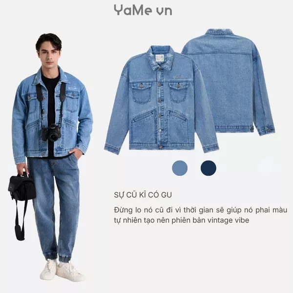 Áo khoác jean trơn một màu, cổ bẻ, không nón, phom vừa F3 - The Original 005 23498 |YaMe|