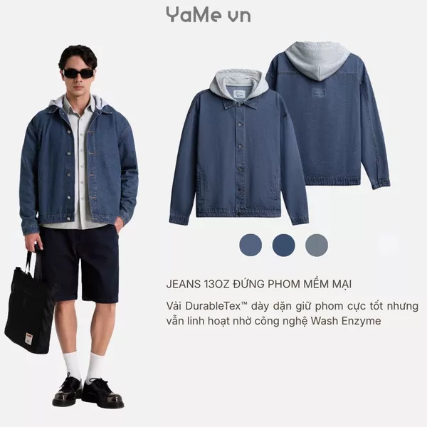 Áo khoác jean trơn một màu, có nón thun nỉ, phom vừa F3 - The Original 039 24662 |YaMe|