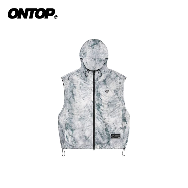 Áo khoác gile nam vải dù loang màu ONTOP túi trong có mũ kèm dây rút Stone Hooded Vest | O-AK15