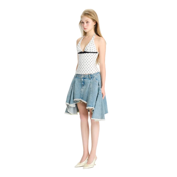 LSOUL Áo Corset Cổ Yếm Chấm Bi Phối Nơ Lio Top + Chân Váy Jeans Xòe Perpi Skirt A26032895
