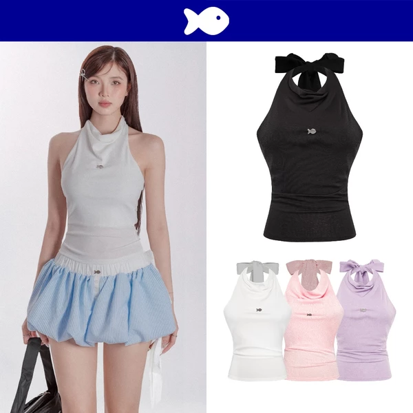 Áo yếm nữ cột dây kiểu DKMV hở lưng màu trắng, đen, tím thun ôm thiết kế logo Cá Heulwen Top | K-T34