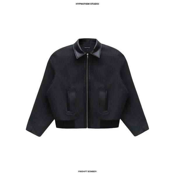 HYPNOTISM | “PINSHIFT BOMBER” - Áo Khoác Bomber Caro Xám Cổ Da Cao Cấp Form Cropped