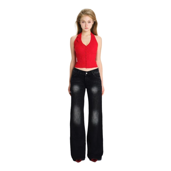 LSOUL Áo Len Gân Cổ Yếm Đính Hoa Yoha Top + Quần Jeans Ống Loe Wash Cá Tính Diva Pants A26032889