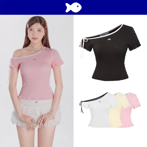 Áo kiểu lệch vai phối viền cột nơ DKMV chun nhún ôm dáng kiêu kỳ màu đen, trắng, hồng logo inox Cá Ruffle Top|K-T27
