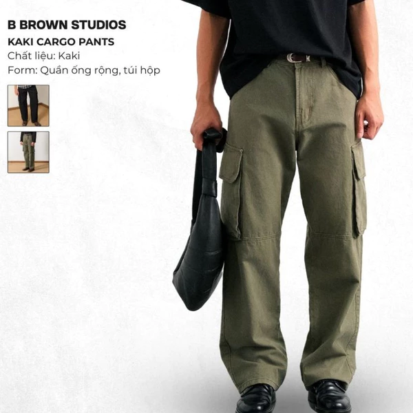 Quần Kaki B Brown Cargo Pants - Phù Hợp Nam/Nữ, Form Ống Rộng Túi Hộp, Năng Động, Trẻ Trung