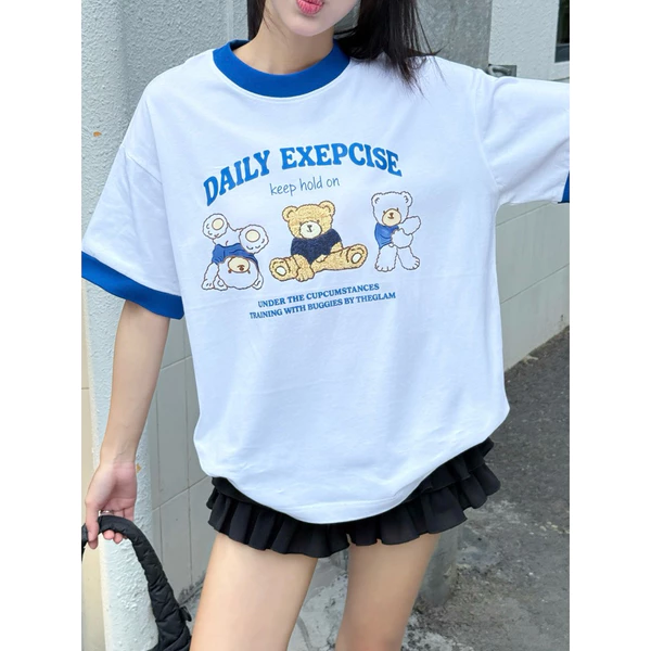 TheGlam CHÍNH HÃNG - Áo Thun Ringer UNISEX Gấu “Daily Exercise” Form Boxy Trắng Viền Xanh - T06-02