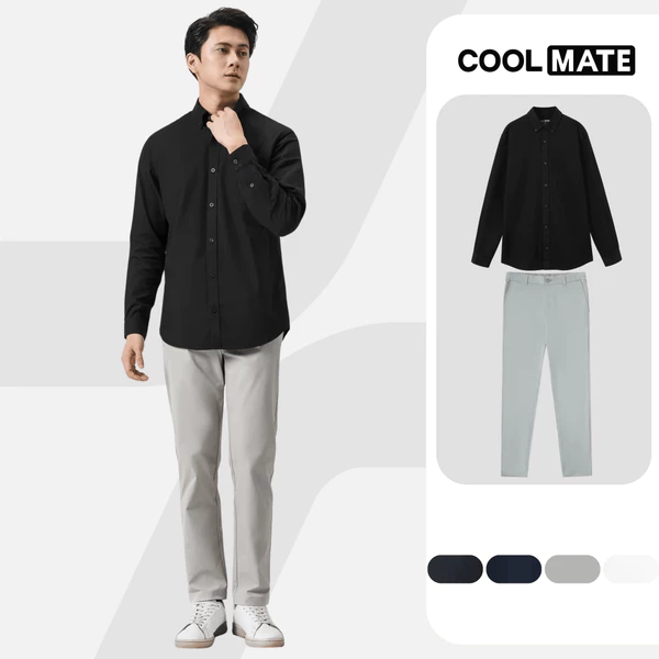 Set đồ nam Áo Sơ Mi Essentials Cotton và Quần dài Kaki Excool form slim fit, Set đi làm , đi học thoáng mát Coolmate