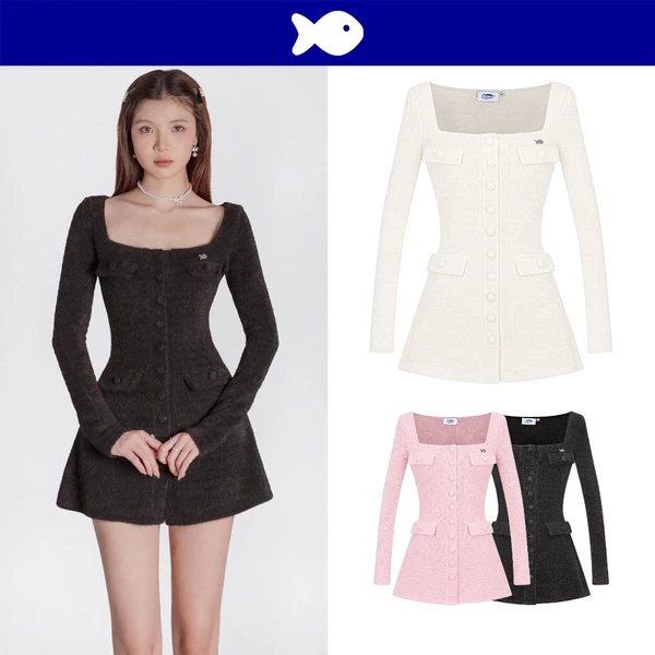 Đầm tiểu thư nhẹ nhàng tay dài cổ vuông DKMV xoè nhẹ chất len lông thỏ đính nút bọc vải nắp túi Claire Dress | K-D50