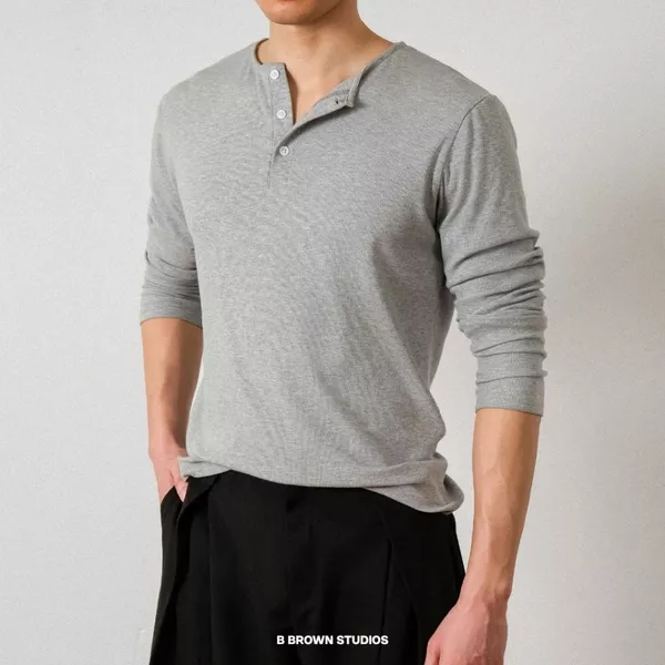Áo Thun Nam B Brown Dài Tay Form Slim Fit Có Cúc Ngực - B Brown Henley Slim Fit Shirts