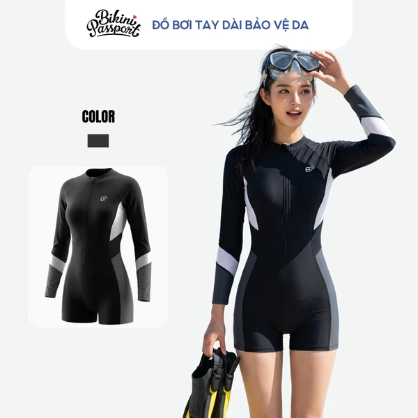 Đồ bơi một mảnh nữ tay dài bảo vệ da tập luyện - Bikini Passport - BS4003_BL