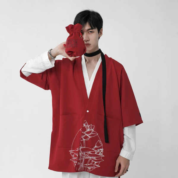Áo khoác kimono zune.zx dáng rộng đỏ đen phong cách nhật bản, Lotus kimono