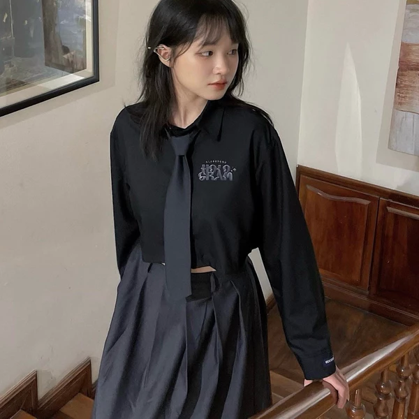 Áo sơ mi croptop tay dài Hologram phong cách nữ sinh Châu Á, Hologram long sleeve
