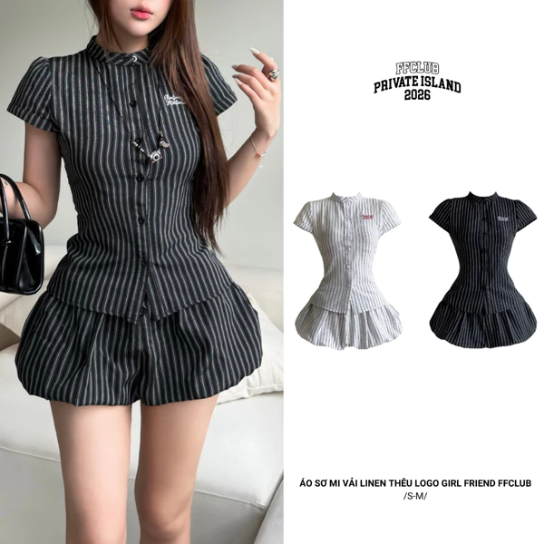 Áo Sơ mi vải LINEN có chiết eo thêu logo GIRL FRIEND thoáng mát FFCLUB