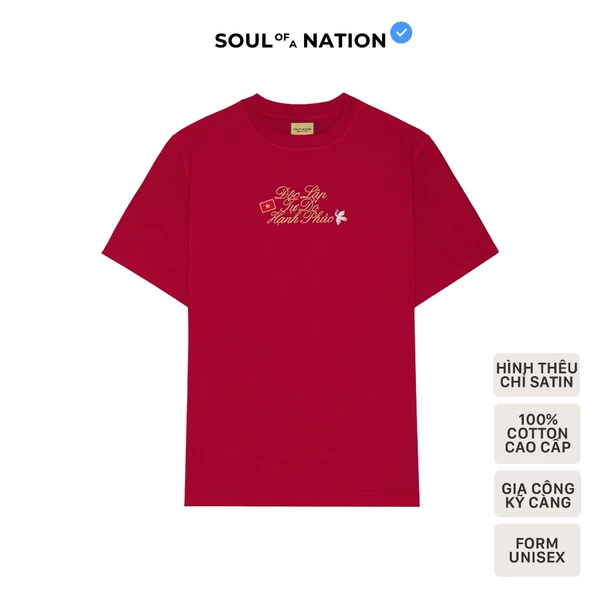 Áo thun ĐỎ ĐÔ THÊU TIÊU NGỮ VIỆT NAM phối với chỉ thêu Kim Tuyến Lấp Lánh form basic 100% cotton SOUL OF A NATION