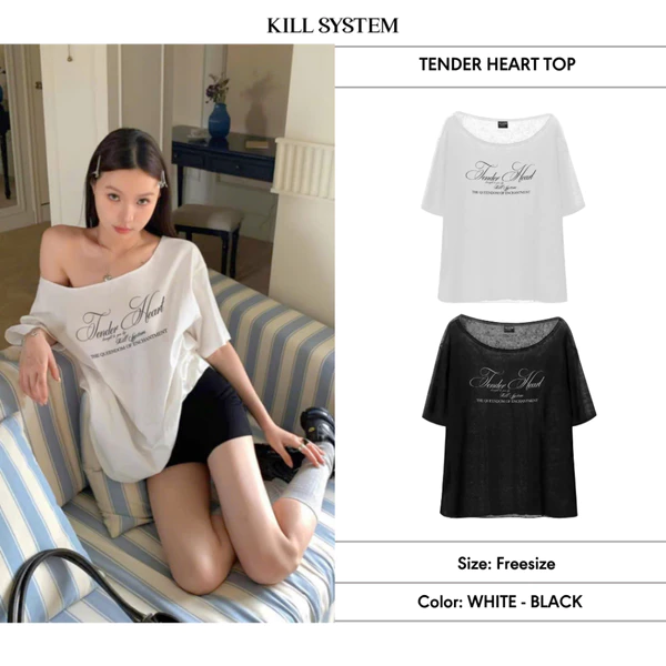 Áo thun tay ngắn lệch vai xuyên thấu Tender Heart in chữ trắng đen - Killsystem