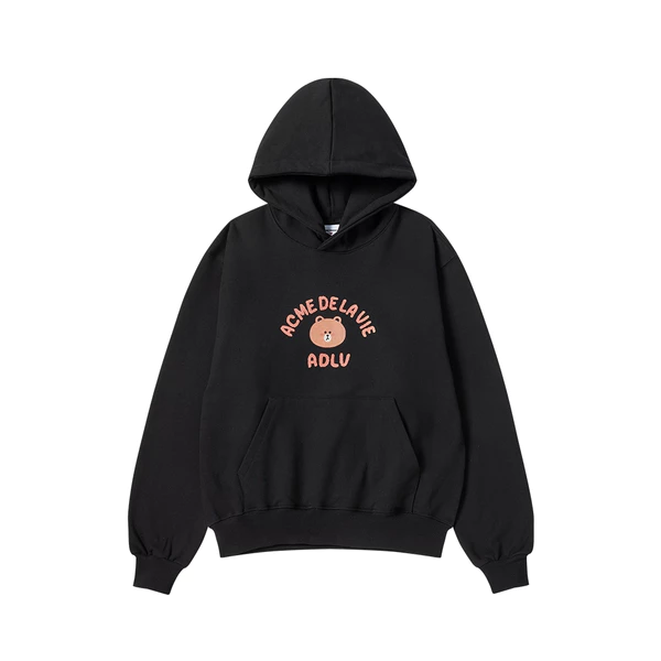 Áo Hoodie ADLV Bear Doll Hug Brown Line Friends dáng oversized màu Đen/Xám nhạt - Hàng chính hãng