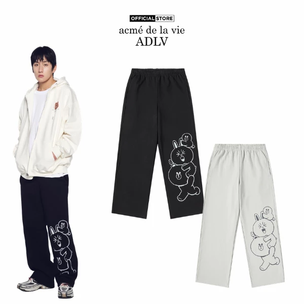 Quần Nỉ ADLV Play With Line Friends dáng oversized màu Đen/Xám nhạt - Hàng chính hãng