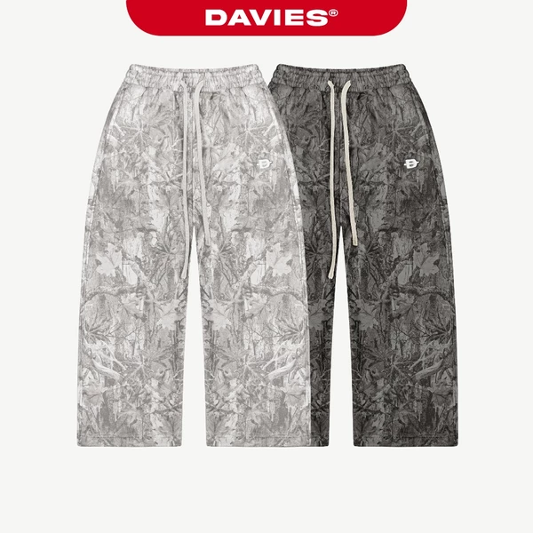 Quần nỉ ống rộng cạp chun thắt dây DAVIES hoạ tiết lá rừng logo thêu nổi 3D hiphop màu xám Commando Sweatpants | D-Q14