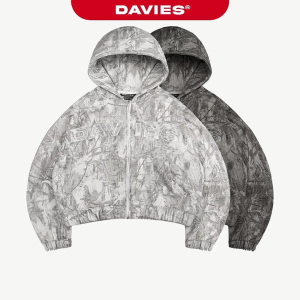 Áo hoodie zip nỉ bông họa tiết lá rừng DAVIES hình thêu chữ nổi tay phối viền túi áo rộng đính nút Commando | D-HD5