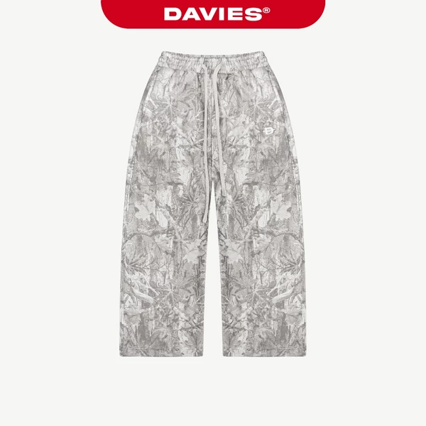Quần nỉ bông nam nữ ống rộng DAVIES cạp chun có dây hoạ tiết lá rừng logo thêu nổi xám nhạt Commando Sweatpants | D-Q14