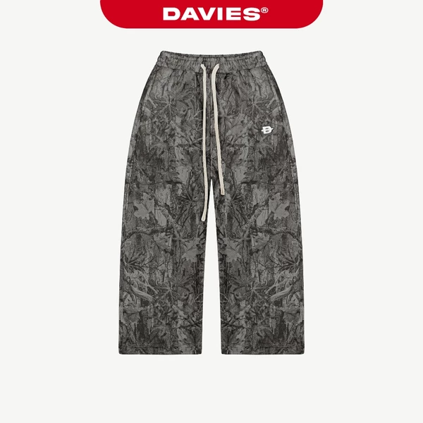 Quần ống rộng nỉ bông hiphop DAVIES lưng thun rút dây logo thêu hoạ tiết lá rừng xám đậm Commando Sweatpants | D-Q14-XD