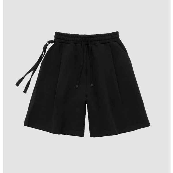 Quần shorts vải nỉ đen dáng rộng cạp chun có dây rút 21ST URBAN Baro