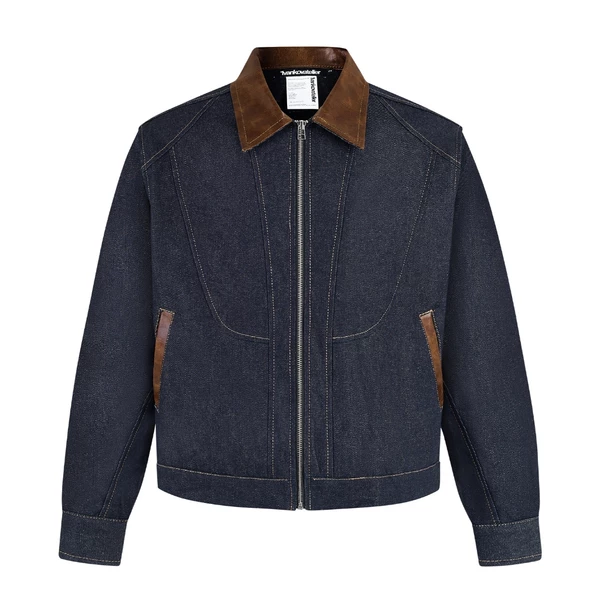 Áo Khoác Zip Raw Denim Phối Da Nâu - Ivankov Pattern Raw Denim Zip Up Jacket