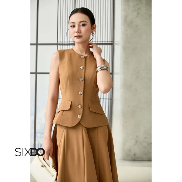 Áo gile nâu cổ tròn phối nắp túi SIXDO (Brown Woven Waistcoat)