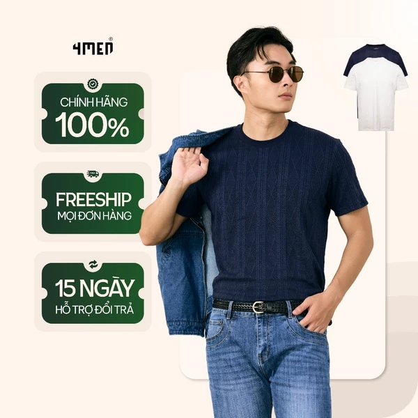 Áo Thun Dệt Kim Họa Tiết Form Slimfit 4MEN AT182 basic trẻ trung, dễ phối, thoáng mát, co giãn nhẹ