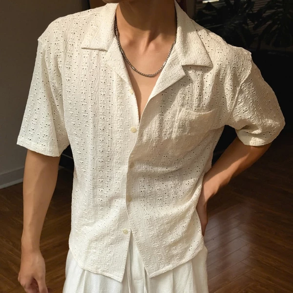 Áo sơ mi nam B Brown ngắn tay vải dệt kim cao cấp phù hợp đi biển - Cuban Crochet Shirt