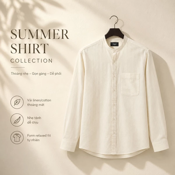 Áo sơ mi nam ROWAY vải linen cotton thoáng mát, form regular | dài tay cổ trụ ver2