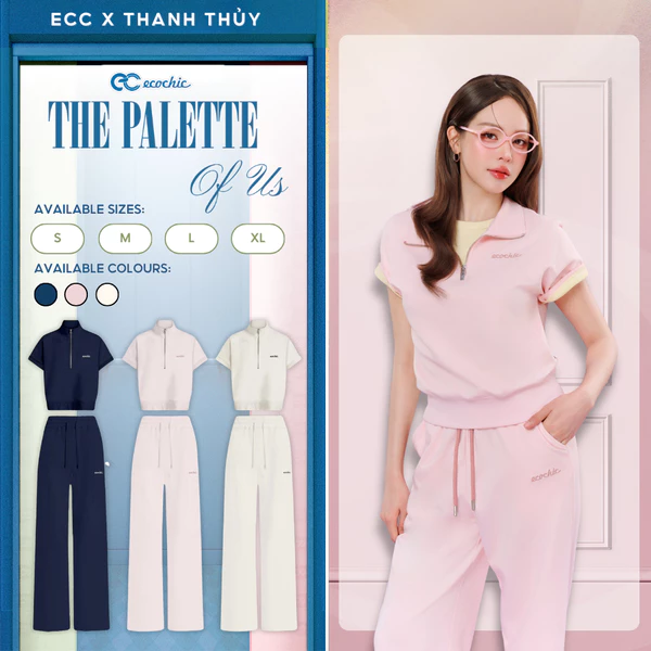 Set Bộ Dài ECOCHIC B221 Áo Crop Khoá Halfzip Ngắn Tay Quần Logo Thêu Chính Hãng