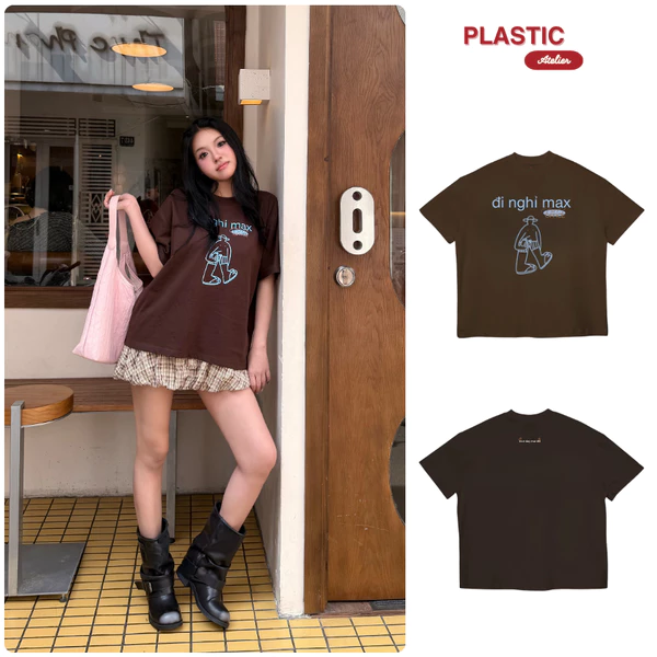 Áo thun nâu oversized boxy, áo thun local "Nghỉ Max" 250gsm Cổ Tròn Unisex Nam Nữ Basic