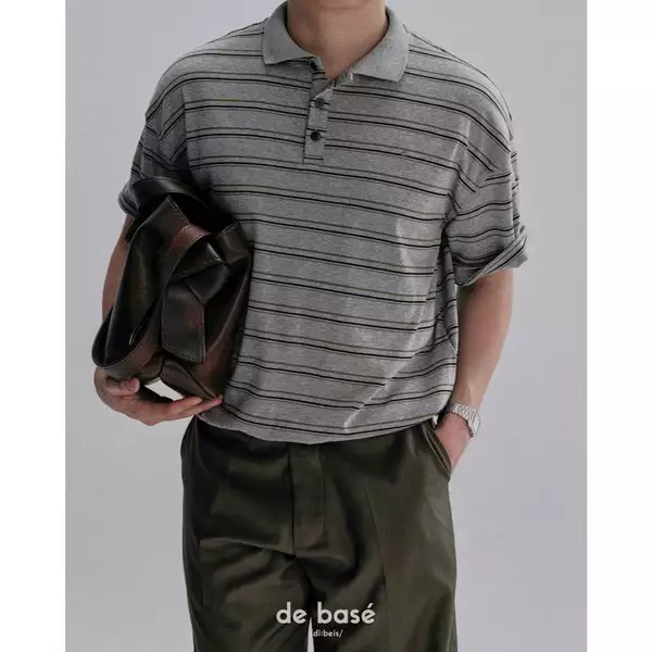 basé POLO 02 - Áo POLO Kẻ Xám, Tay Xắn Thêu Logo - de basé