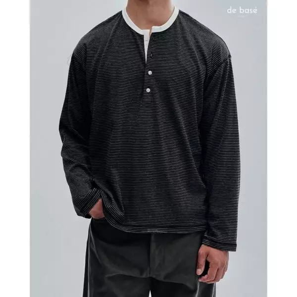 basé LONG SLEEVE 03 - Áo Phông Dài Tay Kẻ Đen Xám Viền Cổ Trắng -  de basé