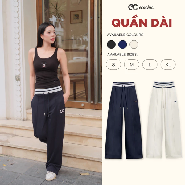 Quần Suông Dài ECOCHIC B232 Ống Rộng Cạp Cao Dây Rút Phối Viền Điều Chỉnh Eo Chất Liệu Thoáng Mát Thoải Mái Chính Hãng