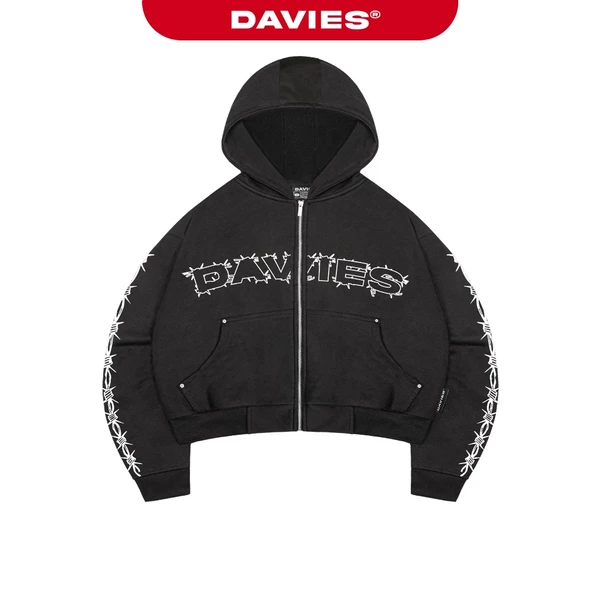 Áo khoác hoodie zip mũ to hiphop DAVIES hoạ tiết hình in gai góc đính nút bạc nỉ ép thun màu đen Barbed Silence | D-HD7
