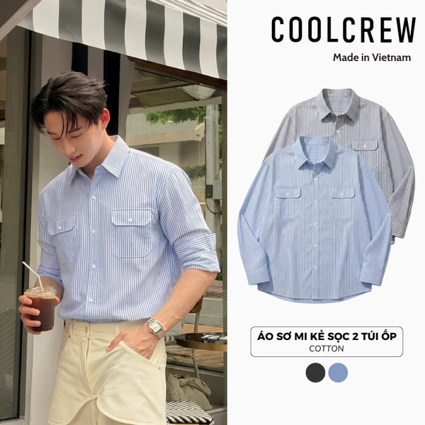 Áo Sơ Mi Kẻ Sọc 2 Túi Ốp 𝐂𝐎𝐎𝐋𝐂𝐑𝐄𝐖 Form Rộng Dài Tay Vải Cotton Thoáng Mát Phong Cách Hàn Quốc AMD125