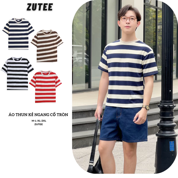 Áo thun nam kẻ sọc ngang ZUTEE phối kẻ sọc ngang kiểu dáng Basic form rộng vải cotton mềm co giãn A29