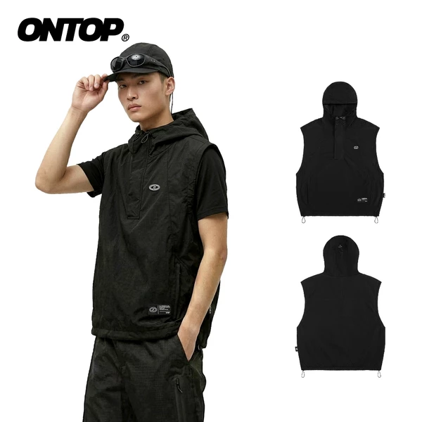 Áo khoác gile nam vải dù nhăn 2 lớp ONTOP có mũ , màu đen Nomad Hooded Vest | O-AK9