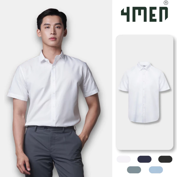 Áo sơ mi nam tay ngắn trơn đẹp 4MEN SM087 vải lụa chéo mềm mịn, hạn chế nhăn, form tailored công sở trẻ trung giá rẻ