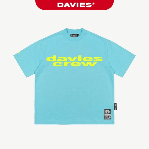 Áo thun phom rộng đường phố DAVIES màu xanh phối chữ vàng neon ngắn tay cổ tròn co giãn Aether Glow Tee | D-T54-X