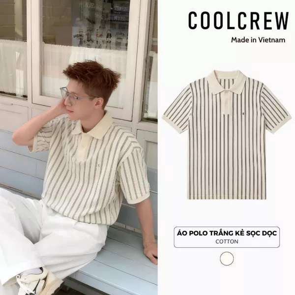 Áo Polo Trắng Kẻ Sọc Dọc 𝐂𝐎𝐎𝐋𝐂𝐑𝐄𝐖 Form Rộng Unisex Nam Nữ Phong Cách Thời Trang Hàn Quốc APN179