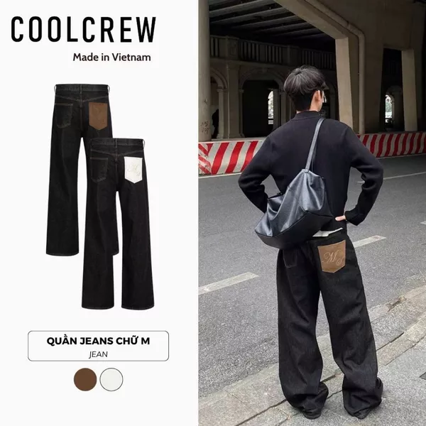 Quần Jeans Form Rộng Chữ M 𝐂𝐎𝐎𝐋𝐂𝐑𝐄𝐖 Phong Cách Unisex Nam Nữ, Đường Phố QTD009