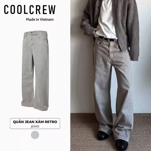 Quần Jeans Xám Retro 𝐂𝐎𝐎𝐋𝐂𝐑𝐄𝐖 Quần ống rộng Phong Cách Basic Nam Nữ QTD010